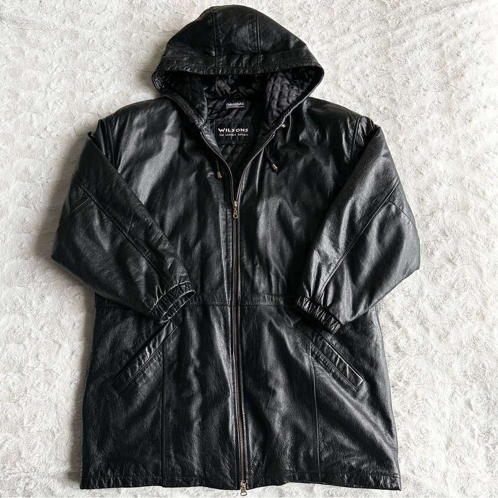 Vintage Wilsons Leather Jacket Coat Womens Medium Black Hooded Full Zip 80s Vtg